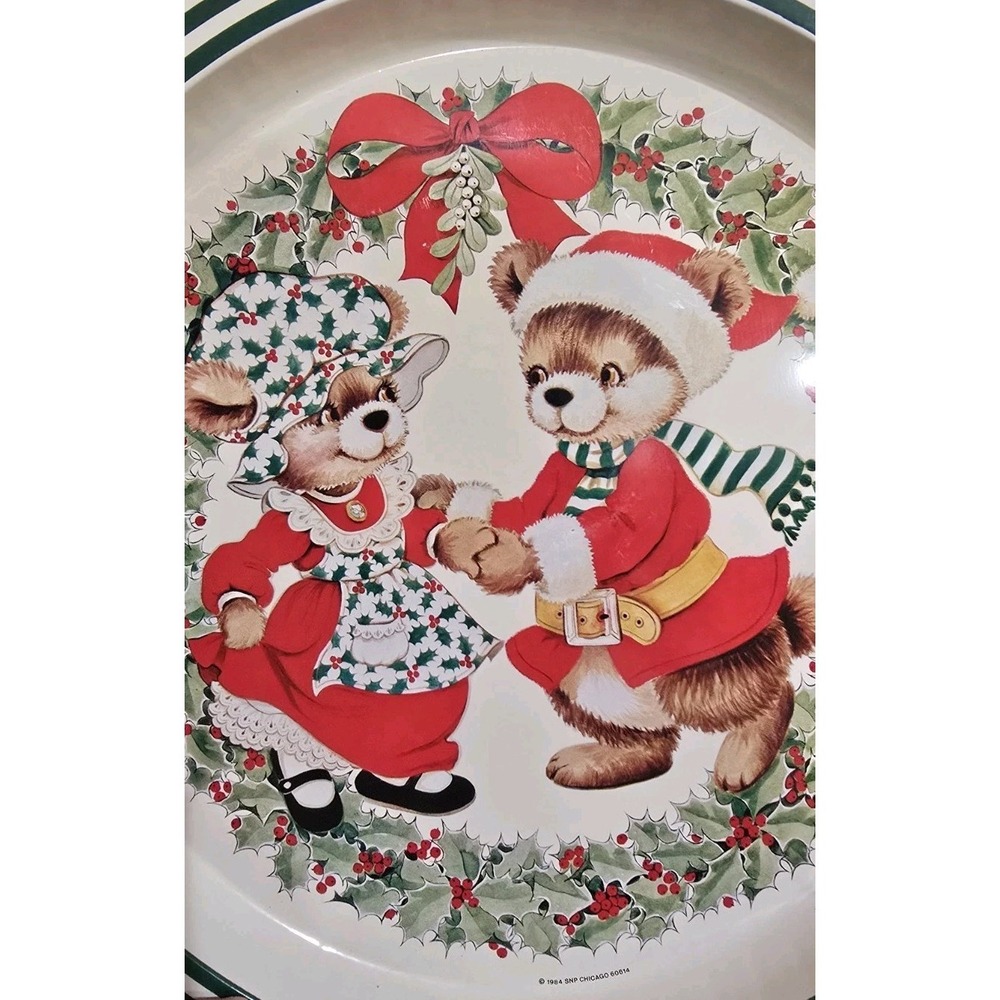 Vintage Christmas Holiday Serving Tray With 2 Bears, Red Bow Cottagecore 1984